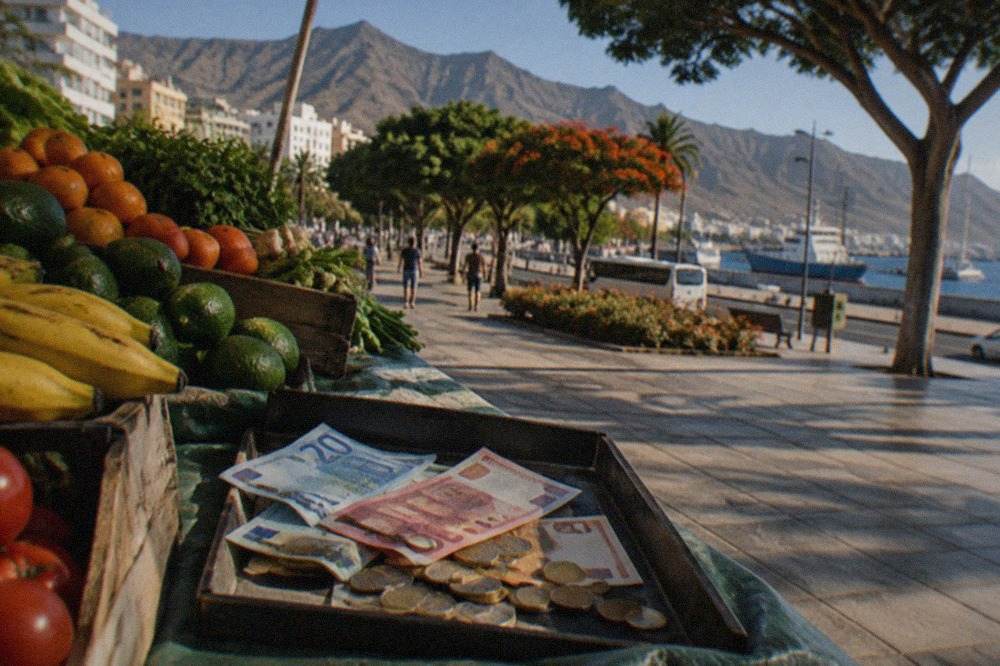 A collection of euro banknotes and coins resting on a market stall beside fresh local produce