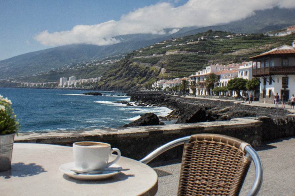 A café table on the Puerto de la Cruz seafront with a bilingual menu and a view of the boats in the harbour