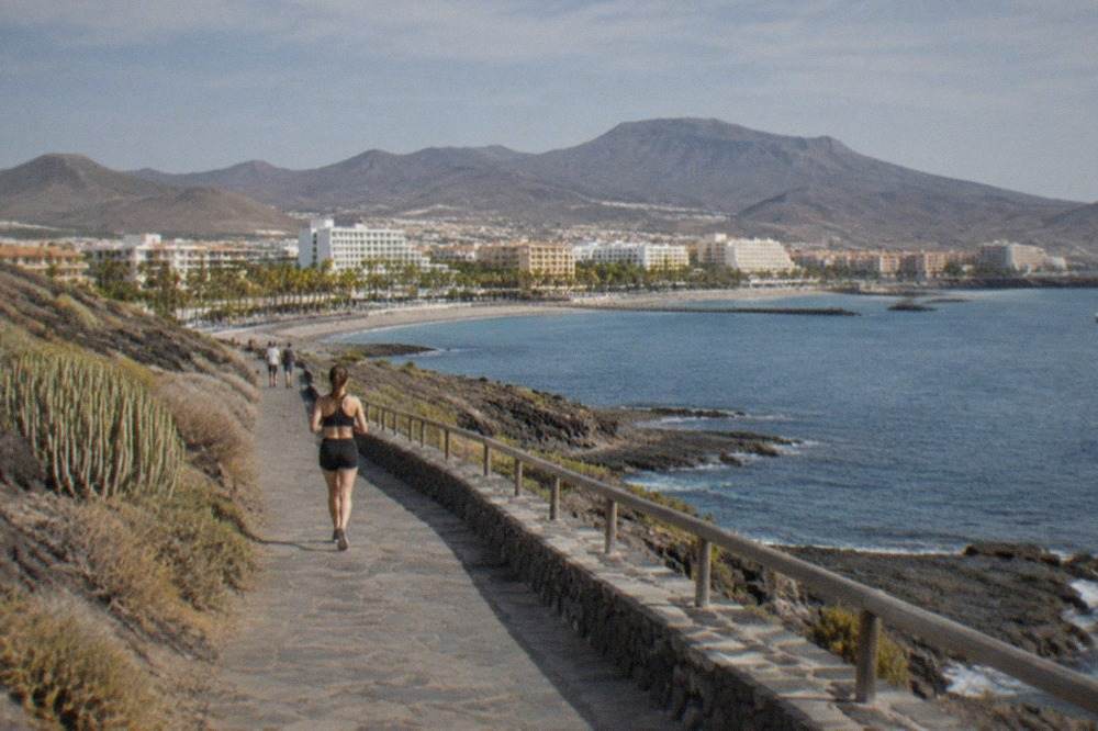A view over the south Tenerife coastline with hotels along a calm bay and hills behind
