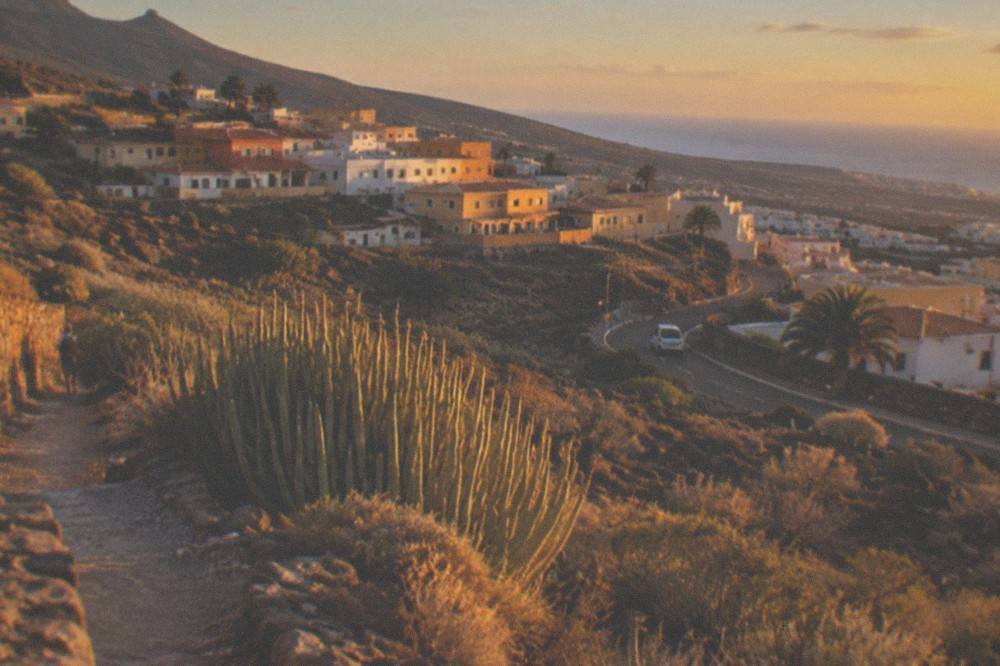 Evening light on the rooftops of a Canarian hillside town above the coast