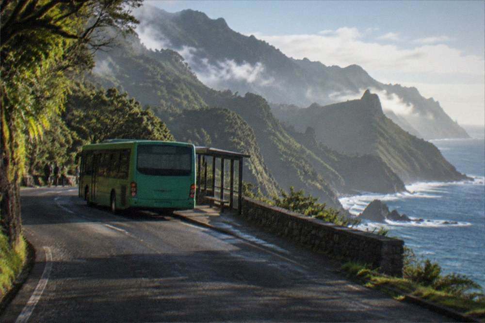A green island bus waiting at a coastal stop with the sea behind it