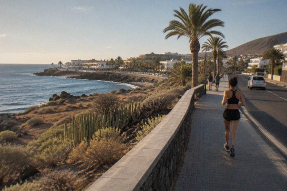A coastal road with palm trees and low white buildings beside the sea