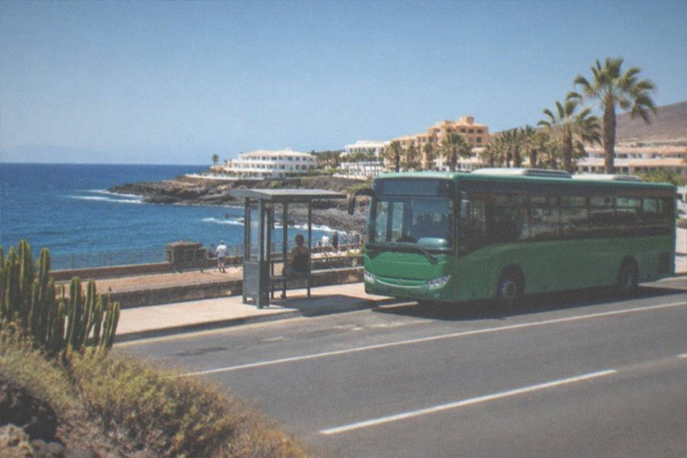 A green island bus at a stop on a coastal road with sea behind it
