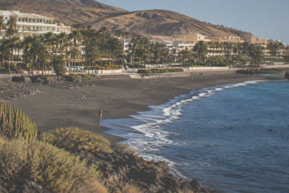 Hotel frontage and palm gardens above a wide beach in Costa Adeje