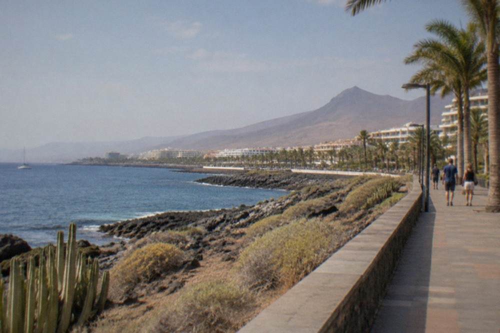 Promenade in Costa Adeje with palm trees and hotels along the waterfront