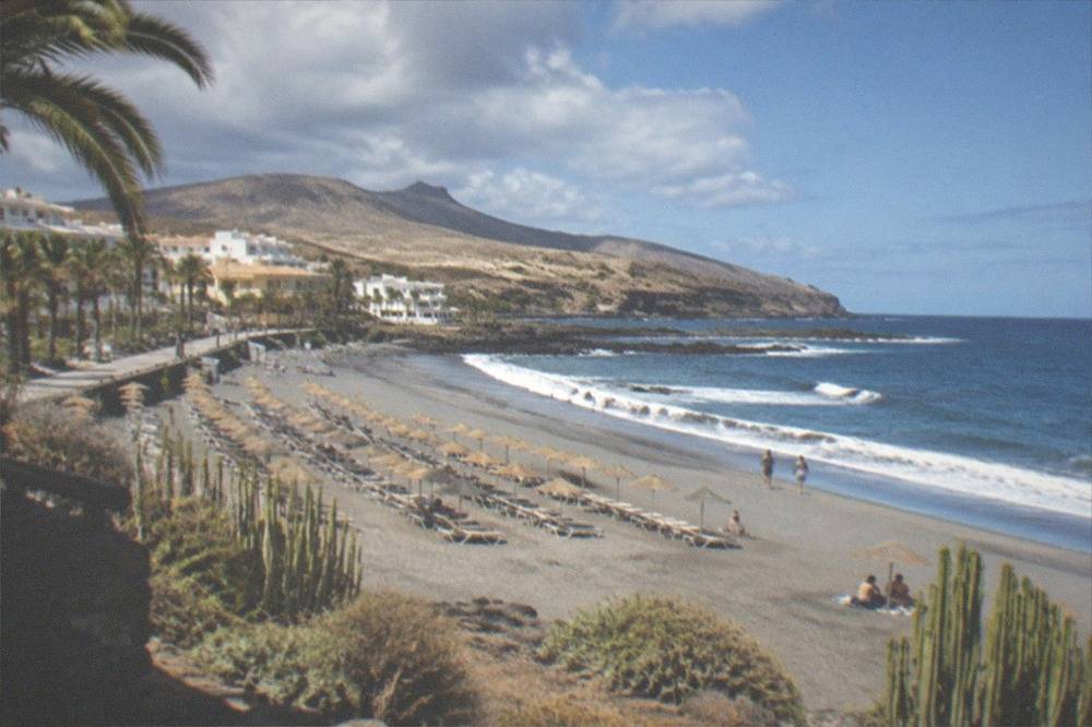 Wide grey sand beach with sunbed rows and a promenade at El Duque