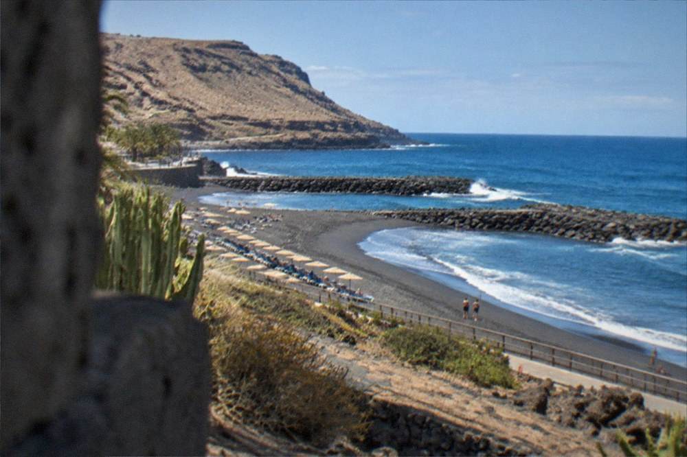 A golden sandy beach with breakwaters and sunbeds along a resort promenade