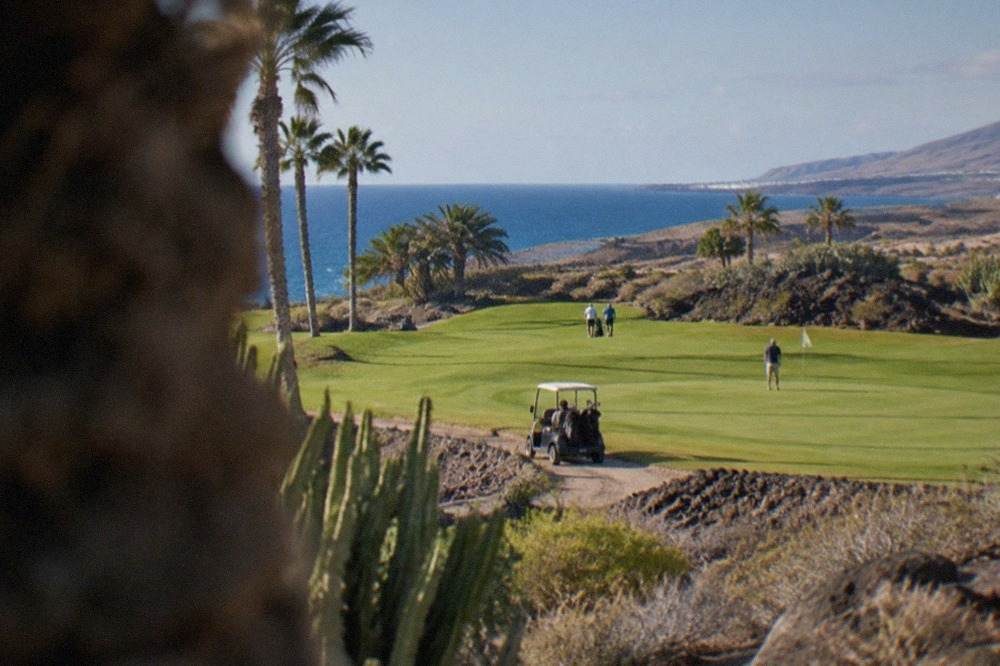 Golf course greens and palm trees under a bright sky on Tenerife's south coast