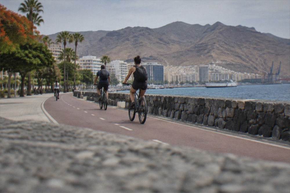 Cyclists riding a seafront path in Santa Cruz de Tenerife