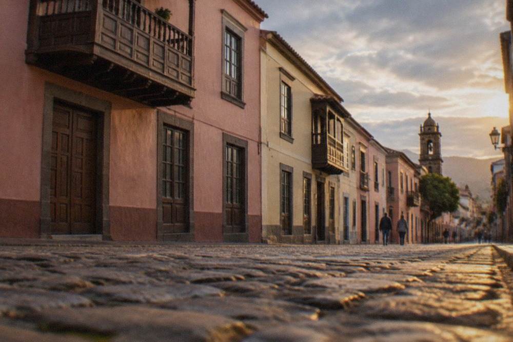 Pastel-coloured colonial facades along a cobbled street in San Cristobal de La Laguna