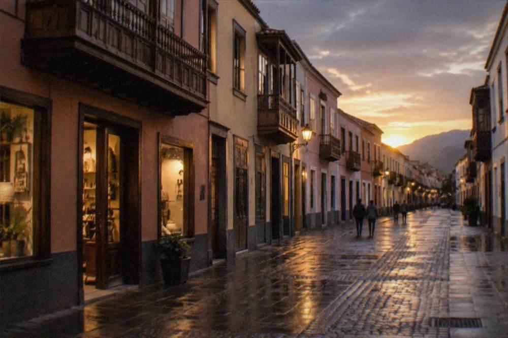 A narrow street in La Laguna at dusk with lit shopfronts