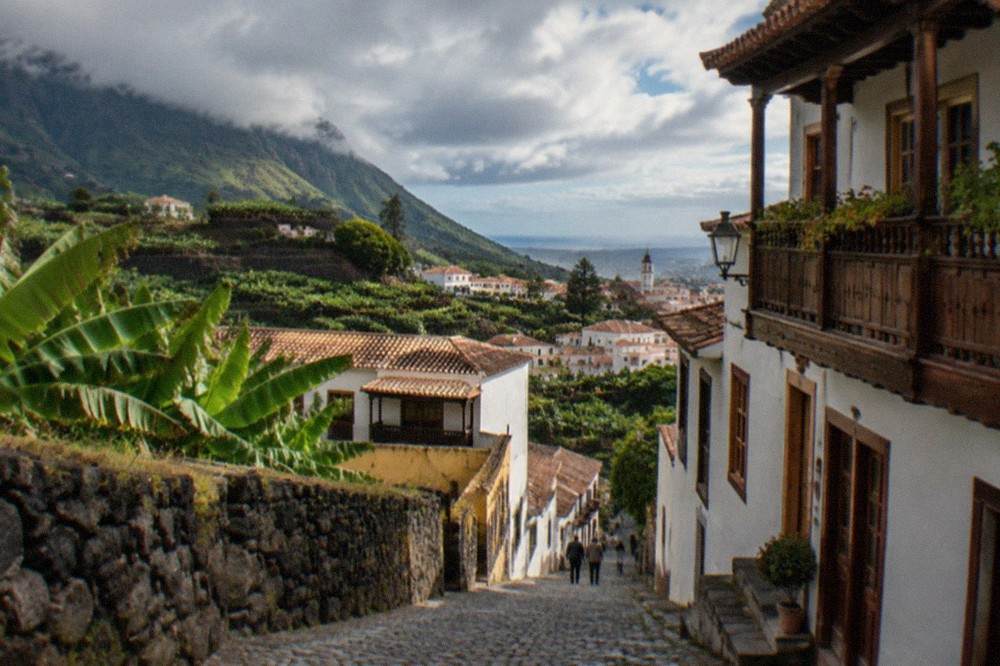 Cobbled street in La Orotava with traditional wooden balconies