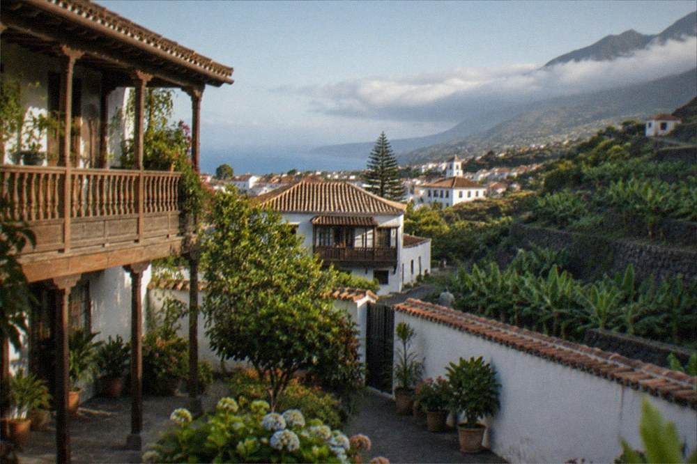 Traditional Canarian courtyard with wooden gallery and plants