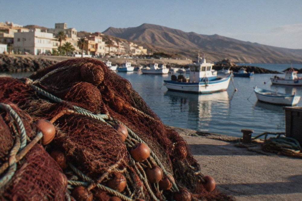 A small harbour town on Tenerife's south coast with fishing boats moored in calm water and low buildings rising behind the seafront