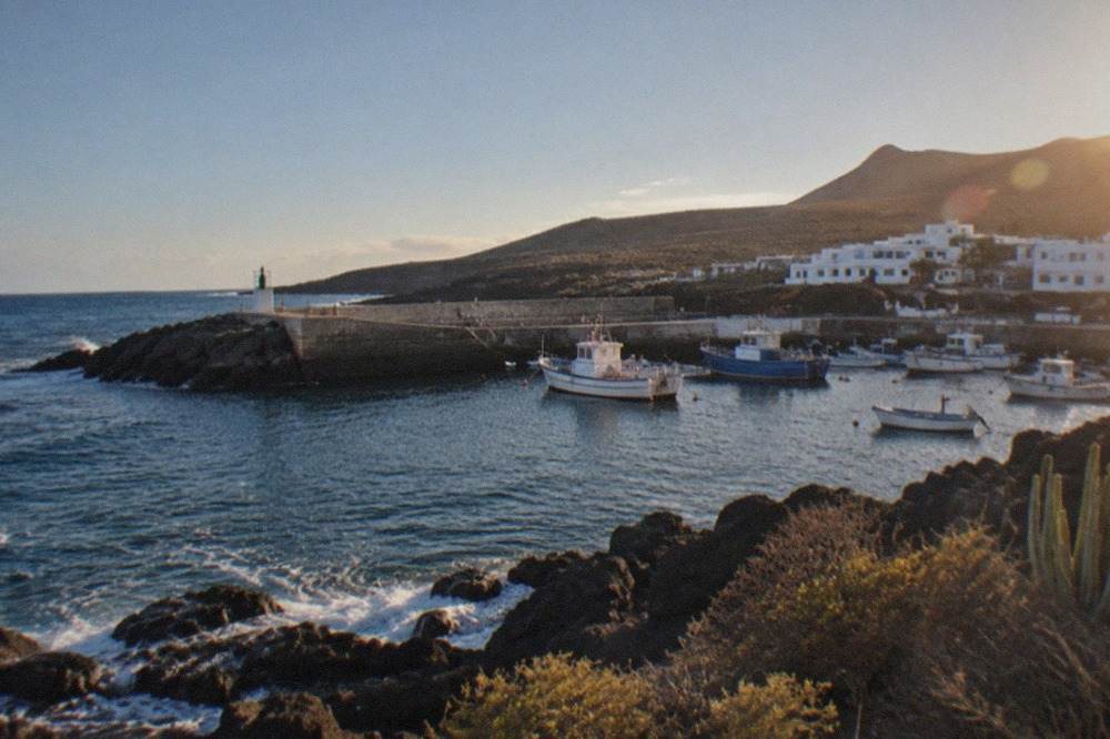 A small fishing harbour with moored boats and low white buildings along the water