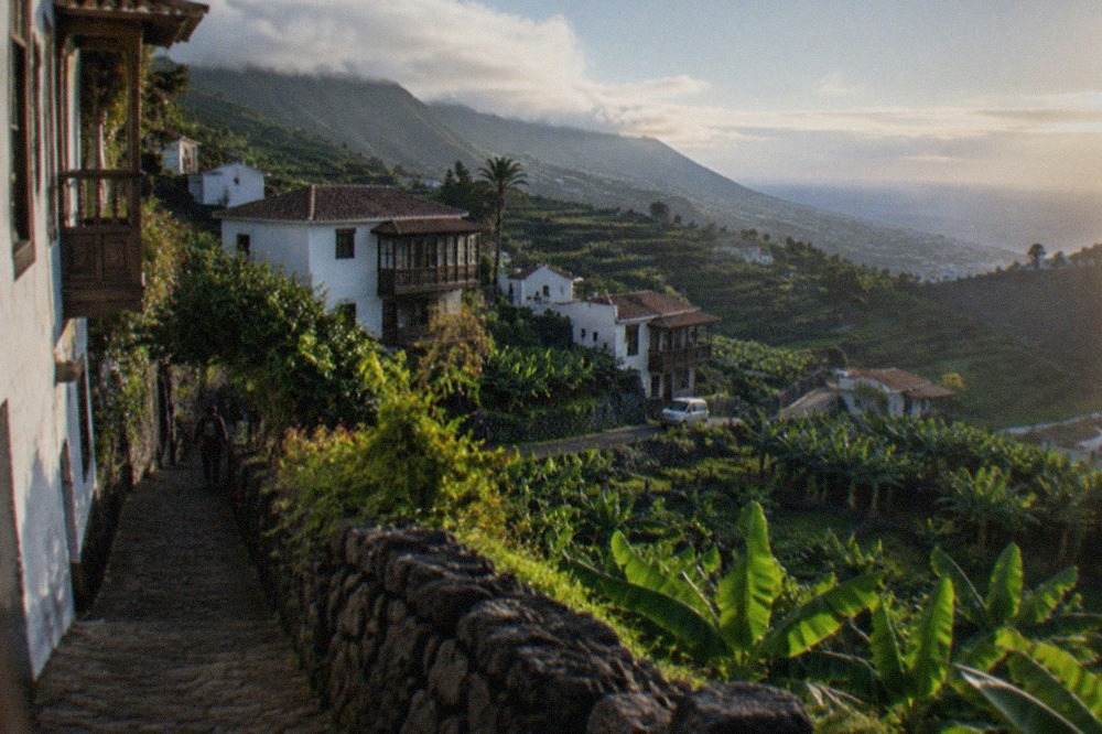 Panorama of red-roofed houses on green slopes above the north coast of Tenerife