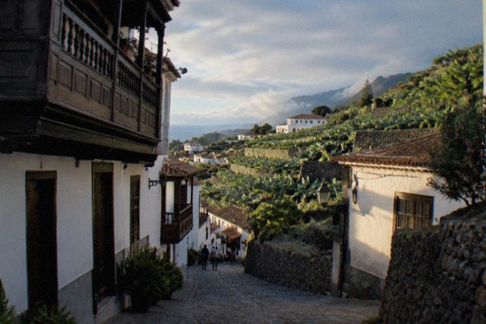 Cobbled street with traditional Canarian houses in a north Tenerife town