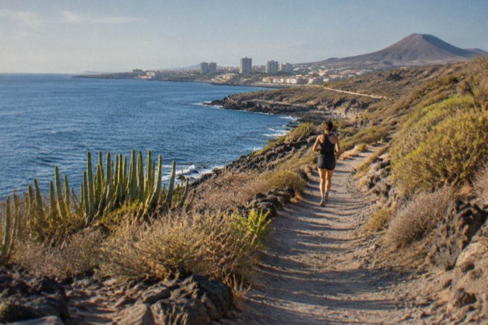 View along the south Tenerife coastline towards distant resort towers