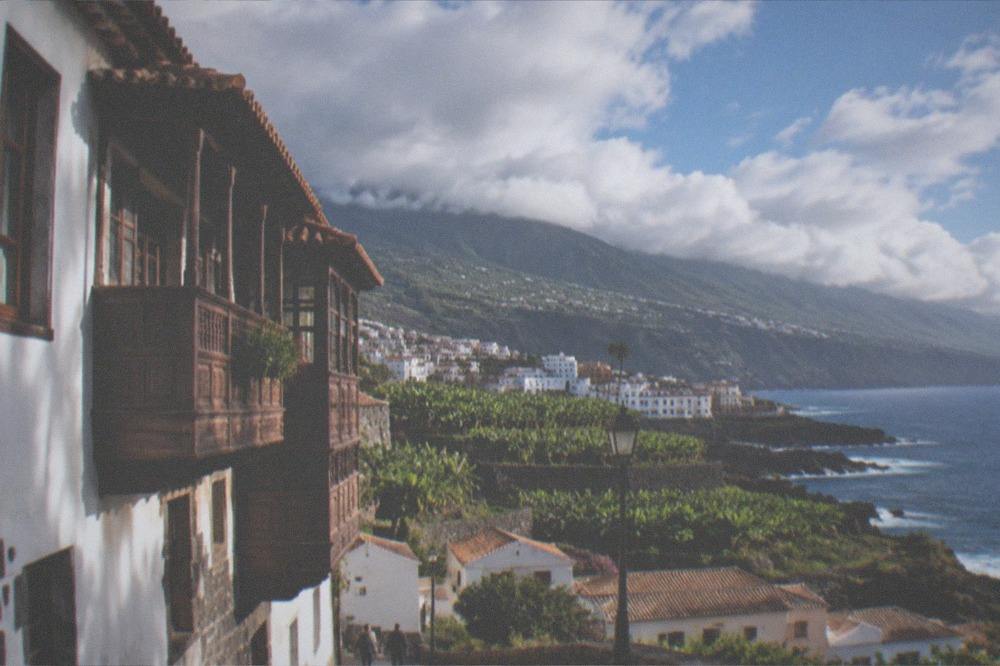 Traditional Canarian wooden balconies on a historic building near Puerto de la Cruz