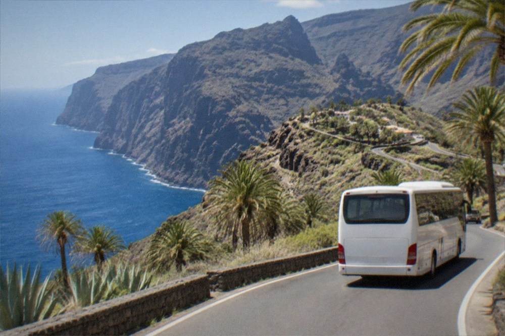 A bus on a coastal road in Tenerife with palm trees and the sea beyond