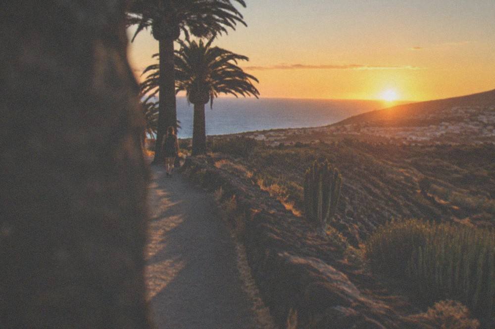 A coastal path at sunset with palm trees and the silhouette of a hillside town