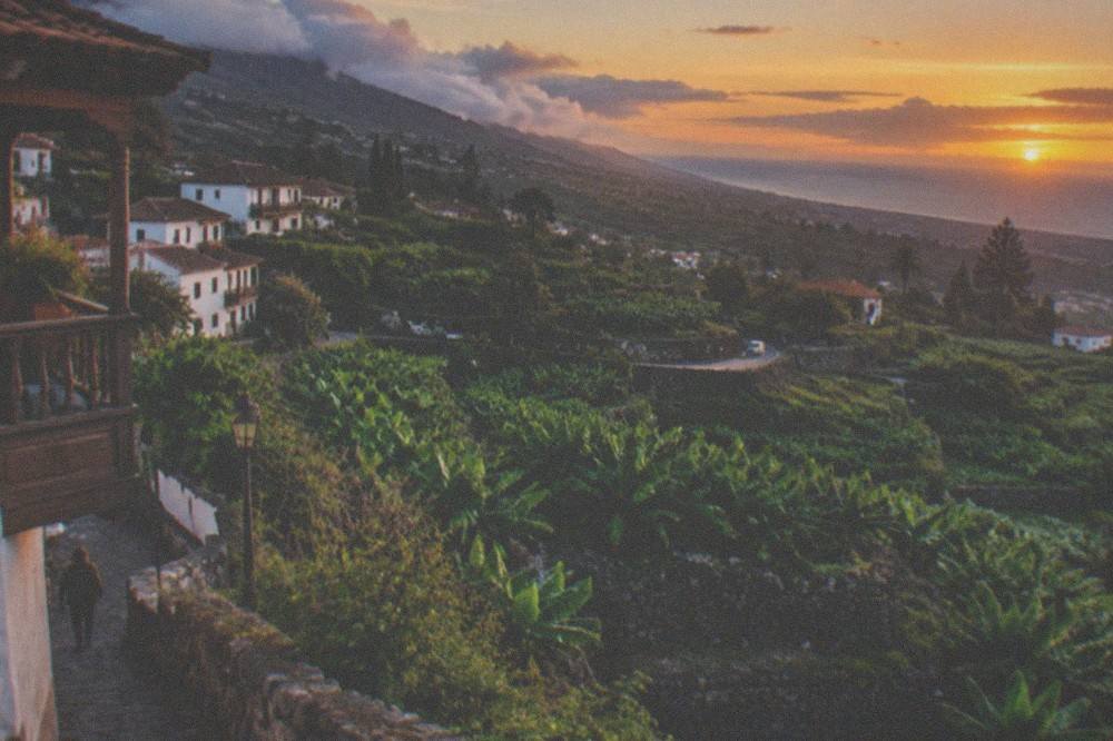 Sunset light over green north-coast terraces and the sea from a high viewpoint