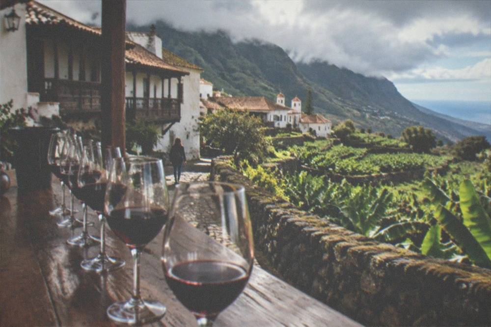 A row of wine glasses with red wine on a wooden tasting table in a bodega