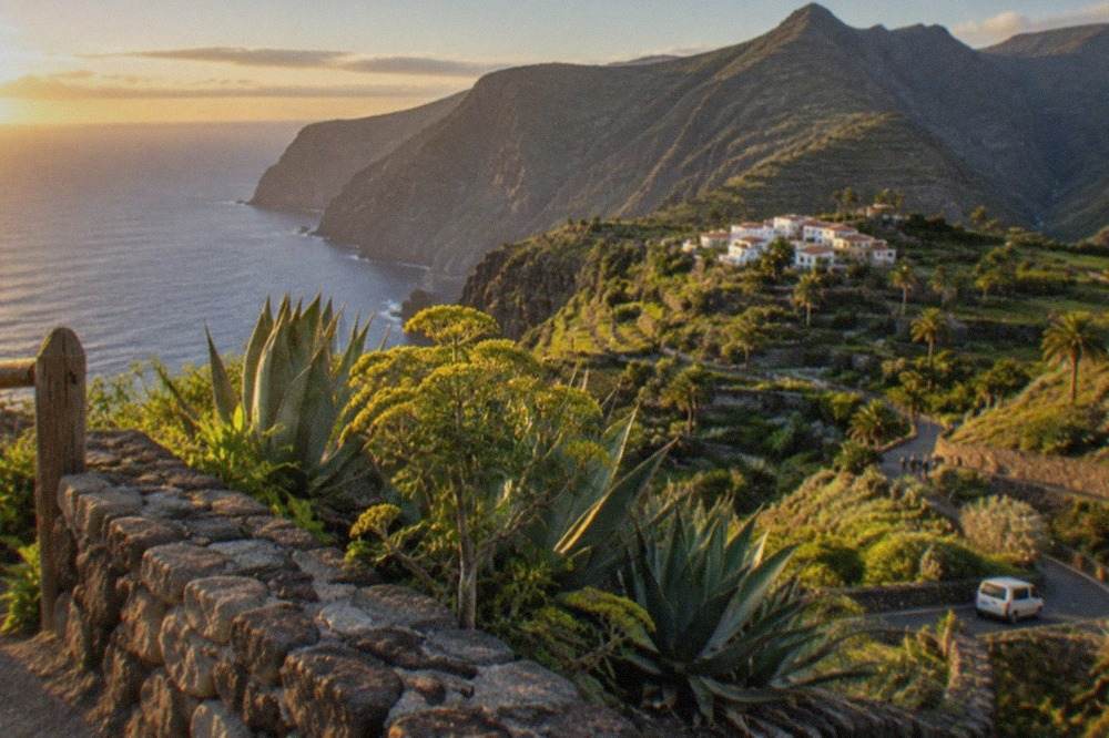 Green terraced hills above the small coastal town of Buenavista del Norte in northwest Tenerife