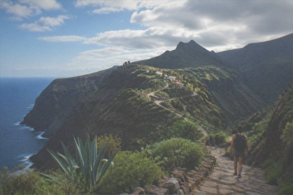 Stone path descending into a deep green gorge with rocky walls