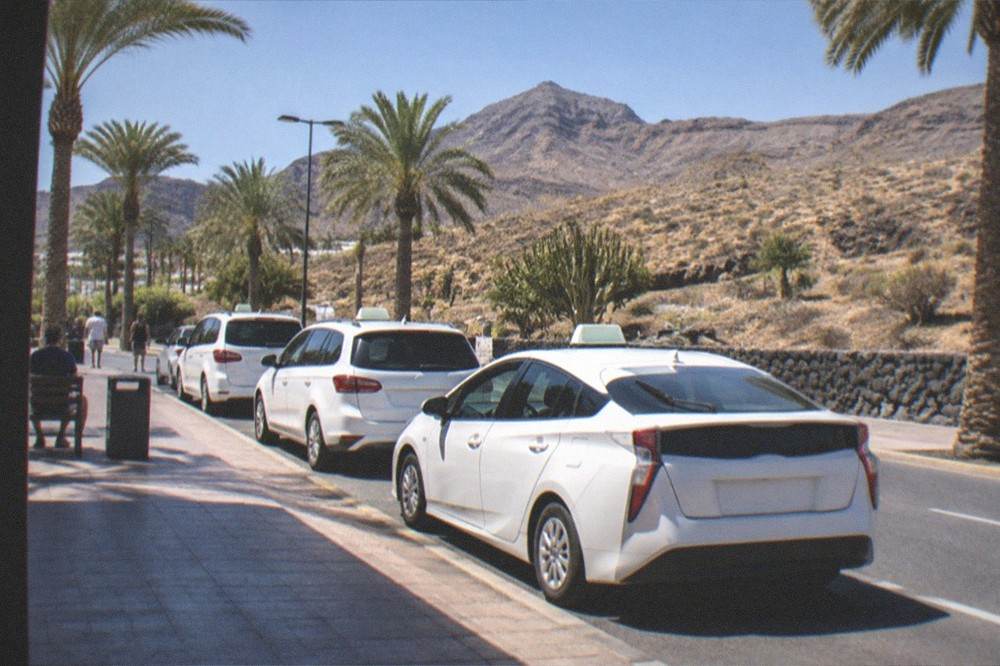 A white taxi rank beside a palm-lined road in a Tenerife resort