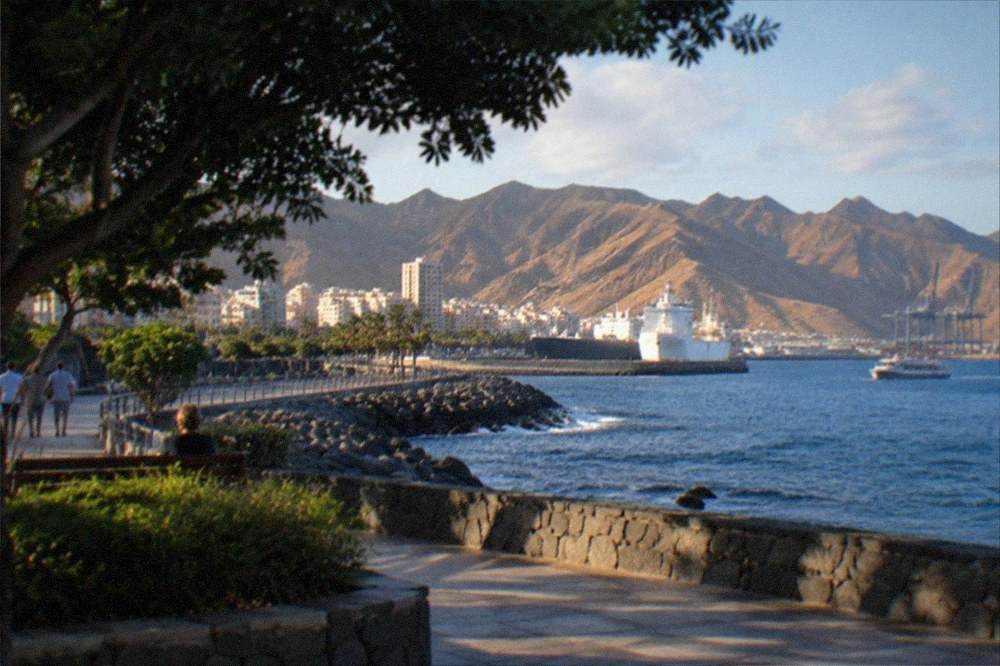 Sunlit seafront in Santa Cruz with the mountains behind the city