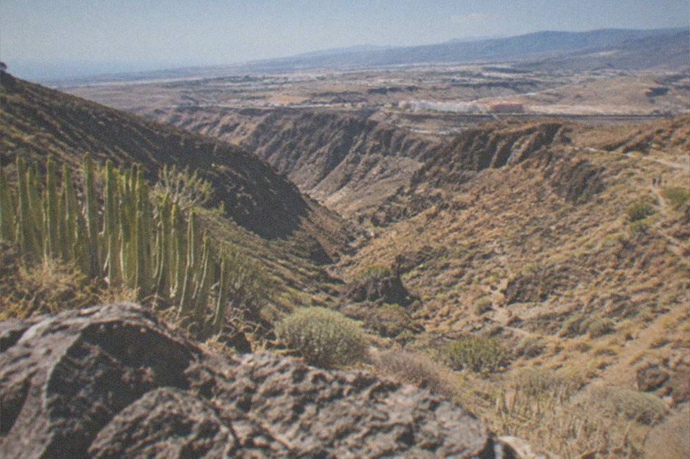 A wide view of southern Tenerife with ravines, coastline and hotel areas in the distance