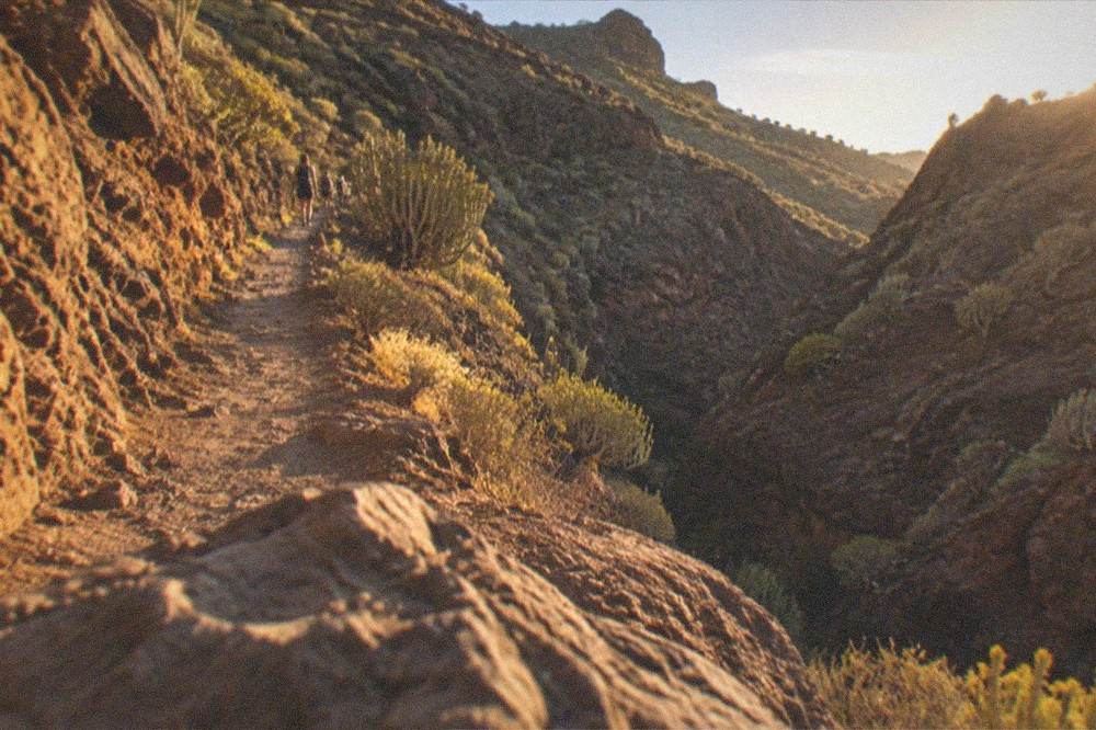 A narrow trail along the wall of a deep dry ravine, ochre rock and scrub either side, greener toward its head