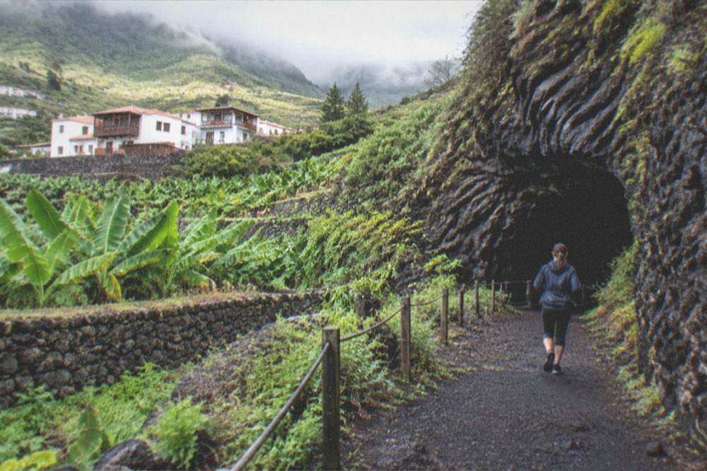 The dark entrance to a lava tube in a green hillside, ropy black basalt walls just inside
