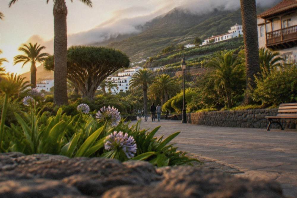 An evening promenade in a northern Tenerife resort town with palm trees