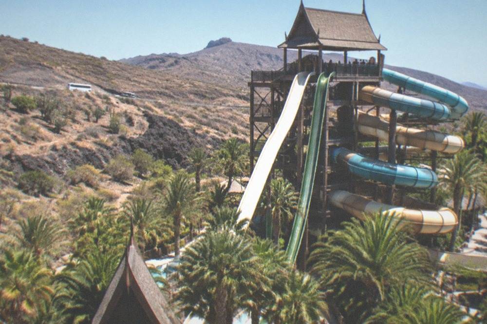 A tall water slide tower above palm trees in a Thai-themed water park