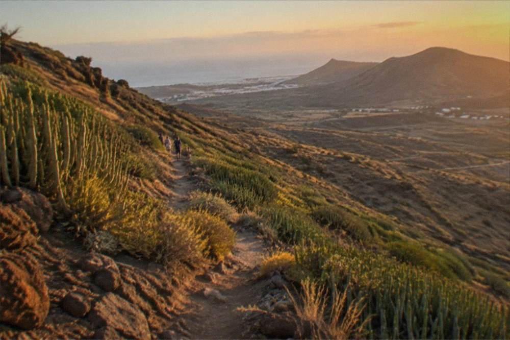 A view over green hillsides towards the southern Tenerife coastline in the distance