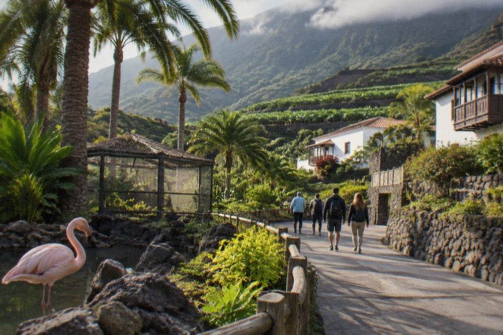 Palm-lined path and visitors walking between enclosures in the animal park