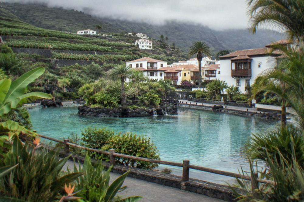 Large pool habitat seen from a public walkway surrounded by subtropical planting