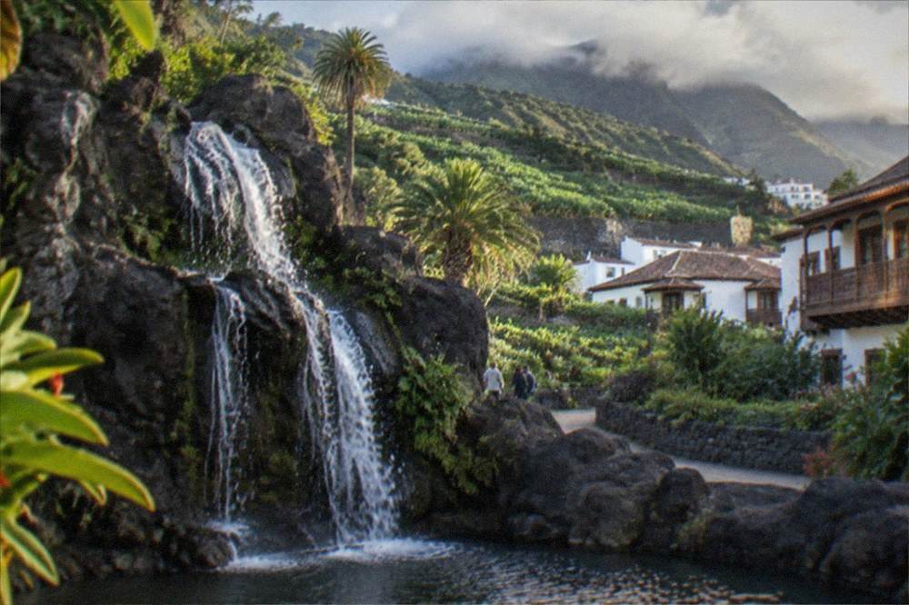 Subtropical garden with waterfall and rocky landscaping inside the park