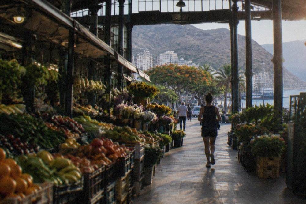 A covered market hall in Santa Cruz de Tenerife with stalls of fruit, vegetables and flowers under a high roof