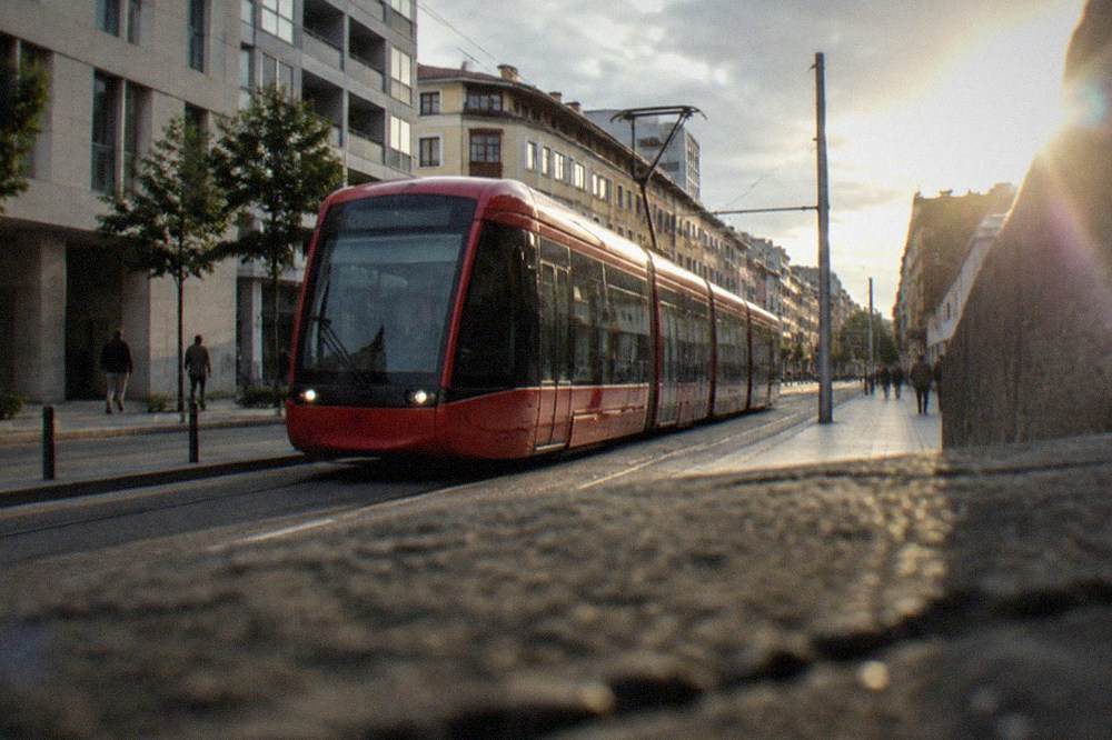 A red tram of the Santa Cruz to La Laguna line passing modern buildings in the capital