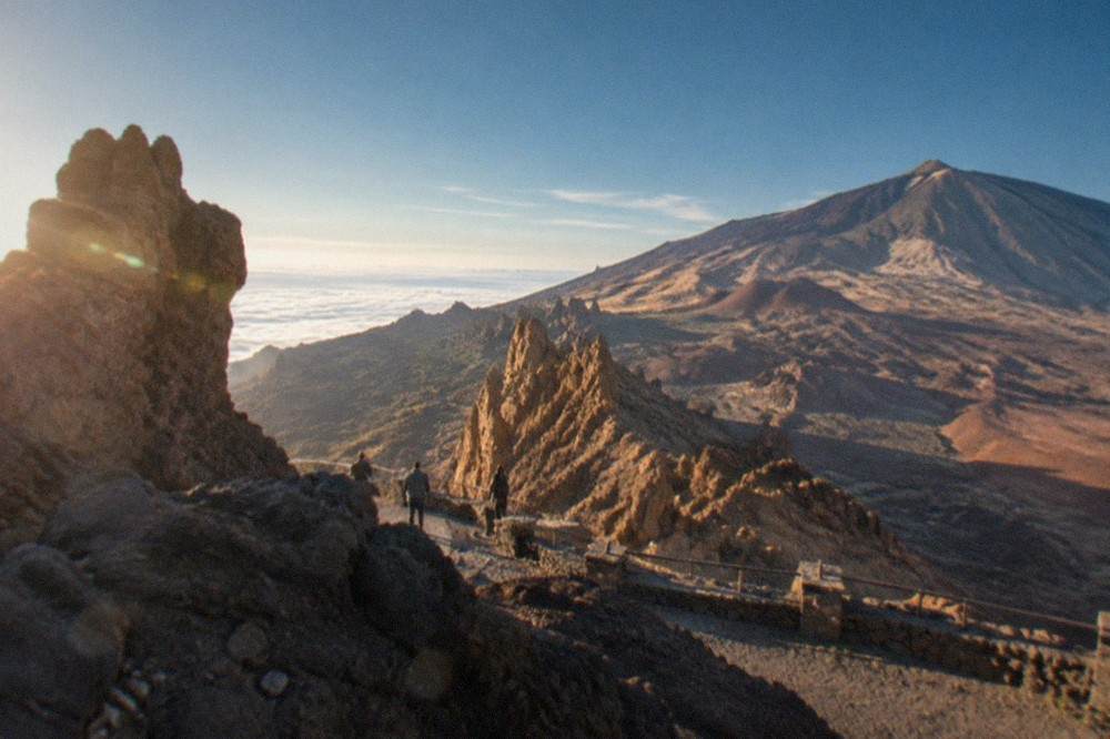 Rock formations beside a viewpoint inside Teide National Park under a wide sky