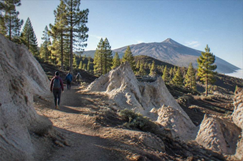 Hikers in warm layers walking a trail between pale ash formations under a winter sky