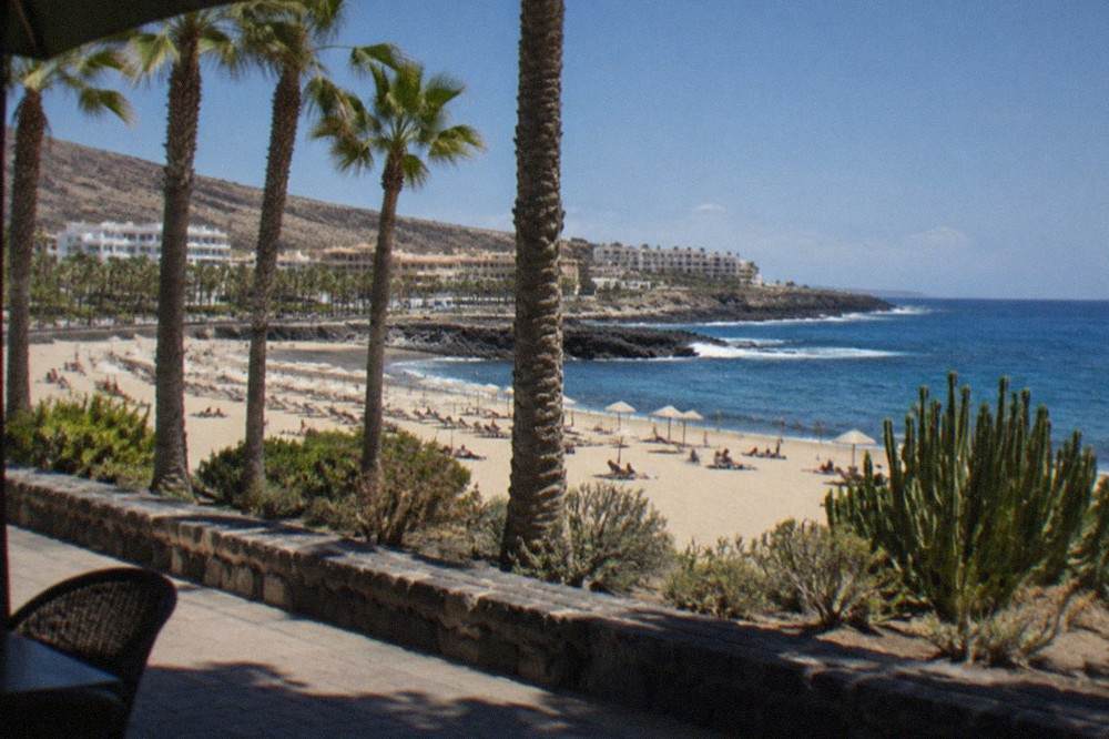 A palm-lined promenade behind a pale-sand beach with hotels and parasols