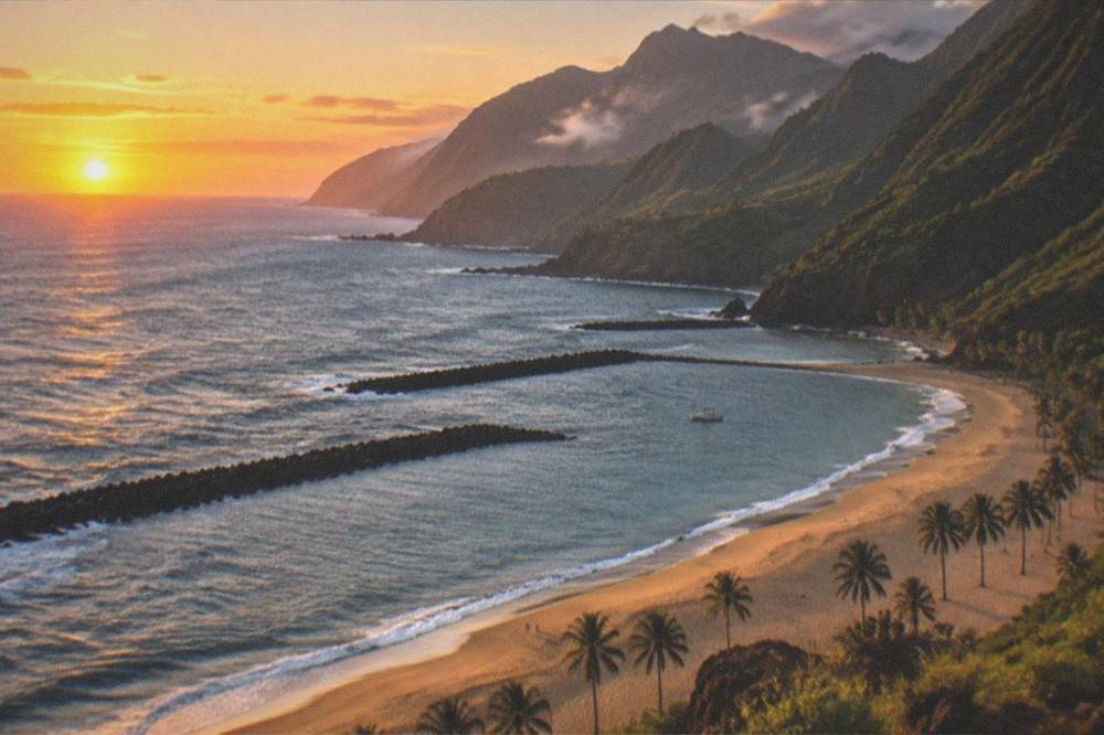 Golden sand and palm trees at sunset with breakwaters silhouetted against the sea