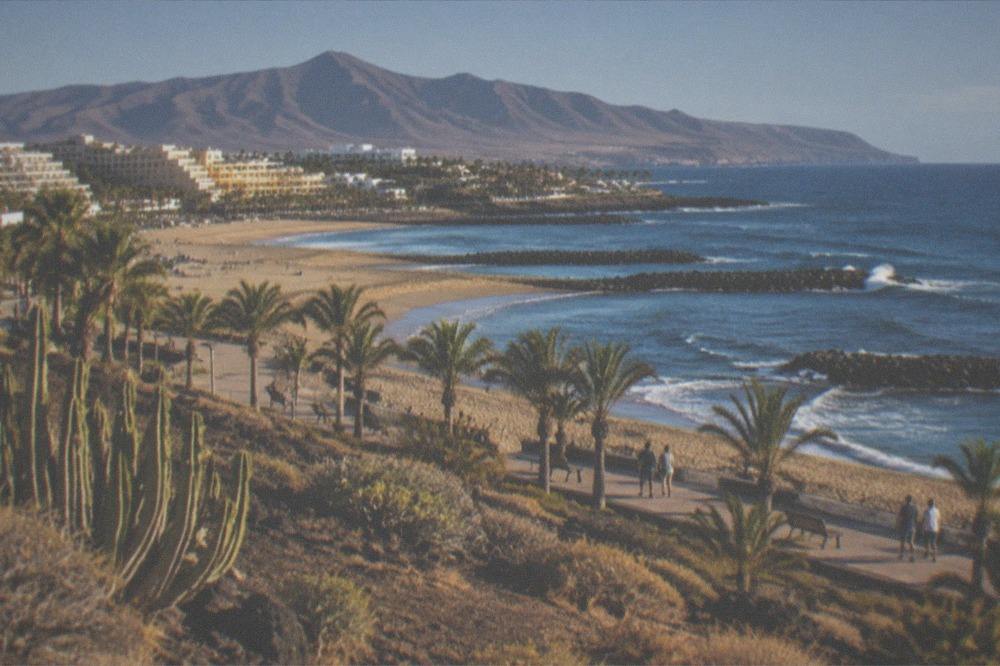 Promenade behind a golden beach with palm trees, benches and people strolling