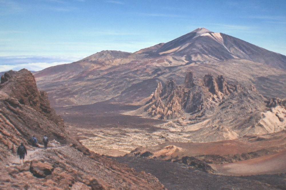 Black lava fields and red volcanic rock inside the Teide caldera