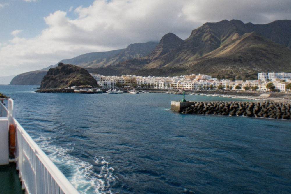 The port of Agaete on Gran Canaria seen from the deck of an arriving ferry