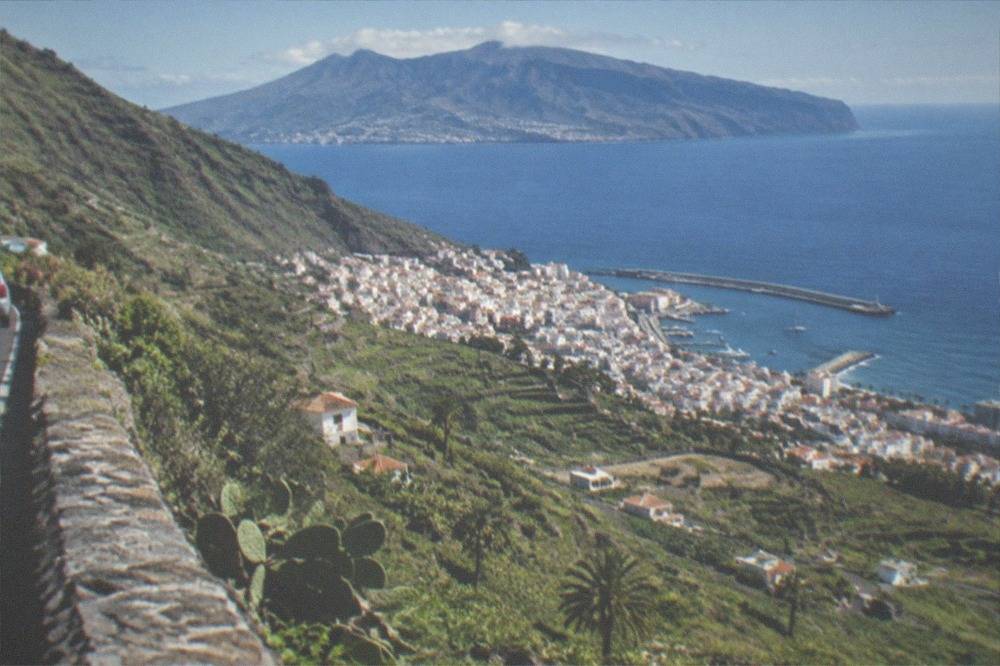 A green terraced valley on a small Canary island seen from a hillside road
